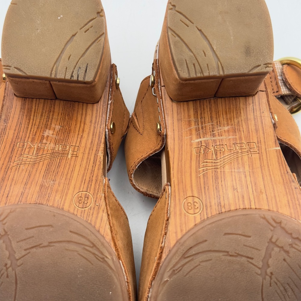 Dansko Minka Sandal Tan Leather Wood Platform Clog 38 7.5/8 Ankle Strap Boho - Picture 13 of 15